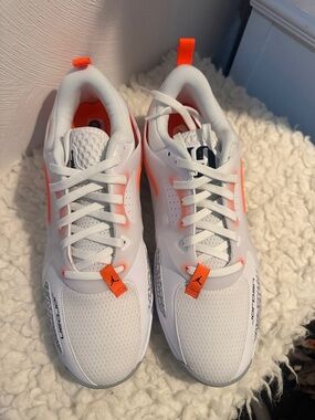 Kids White and Neon Orange Athletic Sneakers